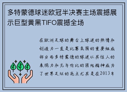 多特蒙德球迷欧冠半决赛主场震撼展示巨型黄黑TIFO震撼全场